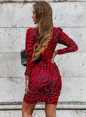 Kadın Uzun Kollu Kruvaze Yaka ön Kısım Büzgülü Dalgıç Mini Boy Elbise