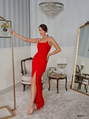 Kadın Omuz Askılı Derin Yırtmaç Detay Maxi Boy Elbise