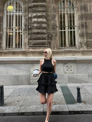 BEL LASTİKLİ KAT FIRFIR DETAYLI KISA ETEK - Siyah