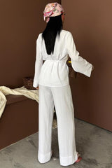 Kruvaze Model Klasik Pantolonlu Çupra Keten Takım 10191