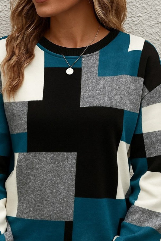 Kadın Uzun Kollu Bisiklet Yaka Renkli Blok Baskı Dalgıç Bluz