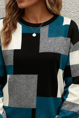 Kadın Uzun Kollu Bisiklet Yaka Renkli Blok Baskı Dalgıç Bluz