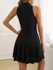 Kadın Kolsuz Yakalı önden Düğmeli Pileli Ithal Krep Mini Elbise