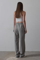 Beli Yarım Lastikli Palazzo Pantolon - Gri-Beyaz