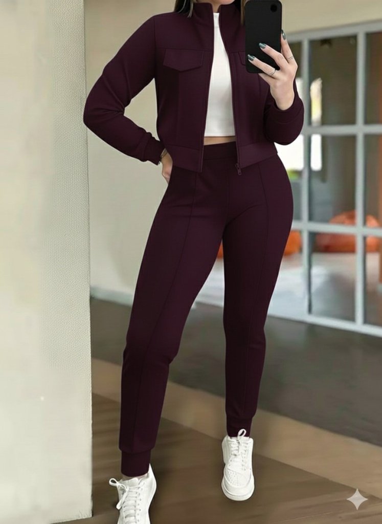 Kadın Uzun Kollu önden Fermuarlı Kısa Modal Ceket Ve Pantolon Ikili Takım