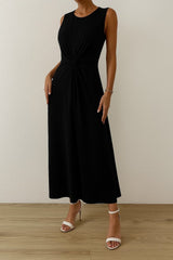 Kadın Sıfır Kollu Bisiklet Yaka Yandan Büzgü Detaylı Viskon Elbise