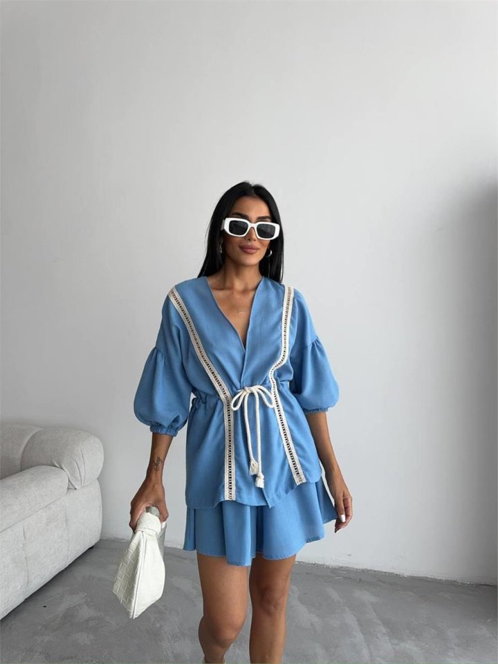 KETEN BEL BÜZGÜLÜ BLUZ-PANTOLON TAKIM - Mavi