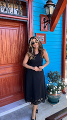 Kadın Kolsuz Etek Ucu Lazer Kesim çiçek Desenli Midi Boy Janjan Krep Elbise