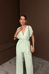 KETEN V YAKA BELDEN BAĞLAMALI BLUZ-PANTOLON TAKIM - Mavi