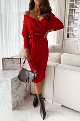 Kadın Uzun Kollu Kruvaze Yaka Bağcık Detay Akrilik Mini Boy Elbise