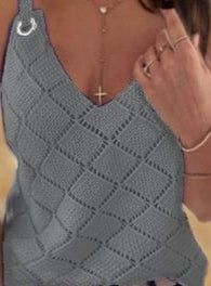 Kadın Kolsuz Halka Detay Baklava Desen Askılı Triko Bluz