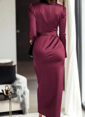 Kadın Uzun Kollu Kruvaze Yakalı Beli Kuşaklı Uzun Saten Elbise