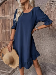 Kadın Kısa Kollu Kol Ve Eteği Volanlı Bisiklet Yaka Aerobin Elbise