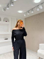 Kadın Uzun Kollu Omuz Dekolteli Bluz Ve Palazzo Pantolon Ikili Takım