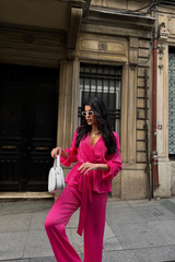 SATEN KRUVAZE BAĞLAMALI BLUZ- PANTOLON TAKIM - Siyah