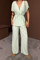 KETEN V YAKA BELDEN BAĞLAMALI BLUZ-PANTOLON TAKIM - Mavi