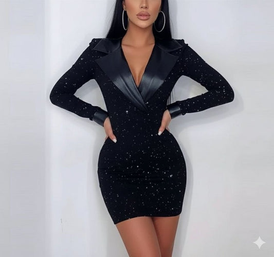 Kadın Deri Detaylı Manşet Yaka Simli Fukara Kumaş Mini Elbise