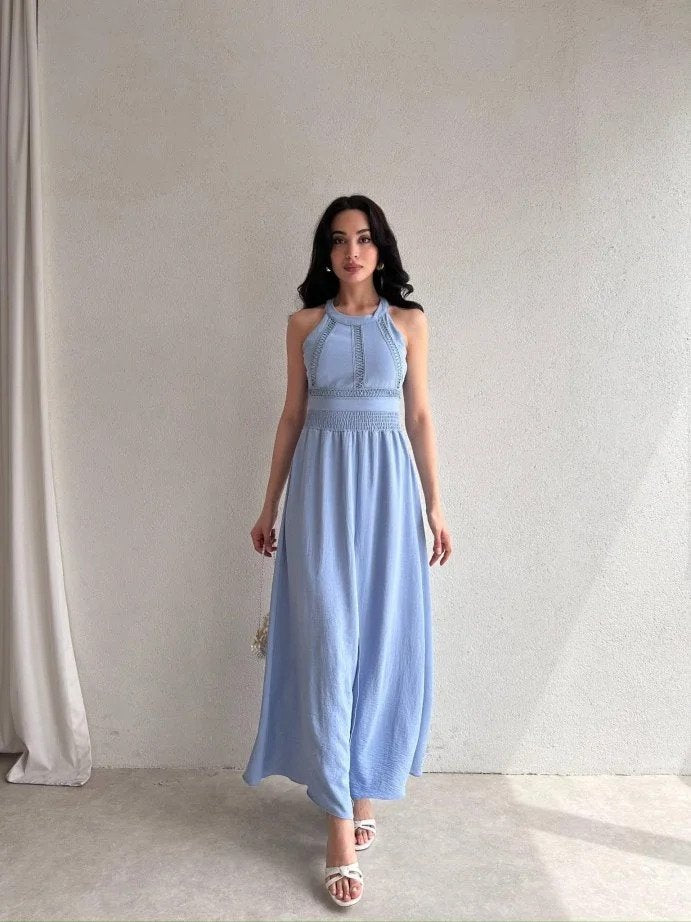 Kadın Krinkil Kumaş Beli Gipeli Halter Yaka Maxi Boy Elbise