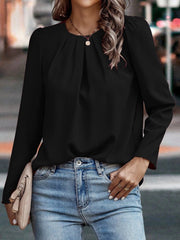 Kadın Uzun Kollu Yuvarlak önden Pileli Ithal Krep Bluz