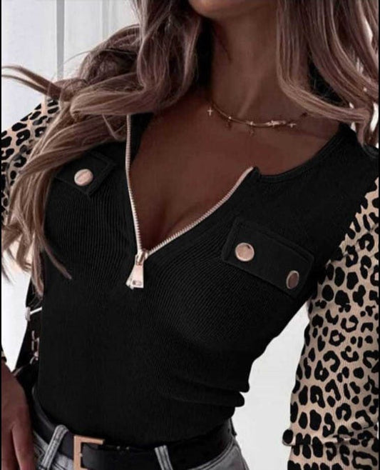 Kadın Uzun Kollu Leopar Desenli Fermuarlı önden Cep Ve Düğme Detaylı Kaşkorse Bluz