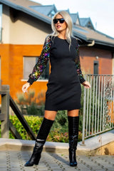 Kadın Uzun Kollu Kolları Payet Bisiklet Yaka Kısa Kaşkorse Elbise