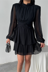 ŞİFON KATLI UZUN KOL ELBİSE - Pudra