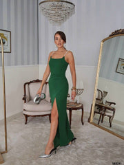 Kadın Omuz Askılı Derin Yırtmaç Detay Maxi Boy Elbise