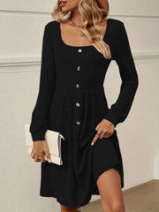 Kadın Uzun Kollu Kare Yaka Düğmeli Kısa şardonlu Iki Iplik Mini Elbise
