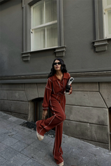 BİYELİ BLUZ PANTOLON TAKIM ŞÖNİL KUMAŞ - Kiremit