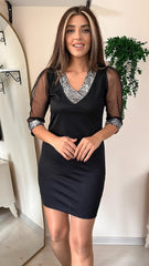 Kadın Uzun Kollu V Yaka Ve Kol Ucu Pul Payet Krep Elbise