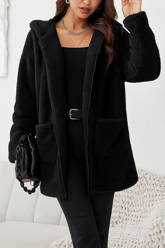 Kadın Uzun Kollu Kapşonlu önden Fermuarlı Cepli Welsoft Ceket