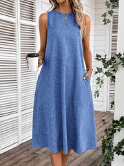 Kadın Kolsuz Bisiklet Yaka Cepli Midi Keten Elbise