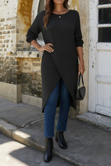 Kadın Uzun Kollu Bisiklet Yakalı önden çapraz Kesim Detaylı Midi Triko Elbise