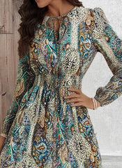 Kadın Uzun Kollu Uakadabağcıklı Beli Lastikli Desenli Uzun Süprem Elbise