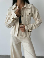 KETEN PÜSKÜL DETAYLI GÖMLEK-PANTOLON TAKIM - Ham