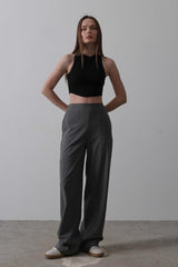 Beli Yarım Lastikli Palazzo Pantolon - Gri-Beyaz