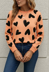 Kadın Uzun Kollu Bisiklet Yaka Kalp Desenli Iki Iplik Bluz