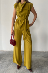 TENCEL MODAL KOLSUZ BLUZ KAPALI CEP DETAYLI DÖKÜMLÜ - PANTOLON TAKIM - Bej