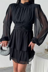 ŞİFON KATLI UZUN KOL ELBİSE - Pudra