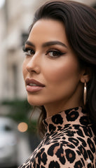 Kadın Uzun Kollu Balıkçı Yaka Leopar Desenli Midi Boy Elbise