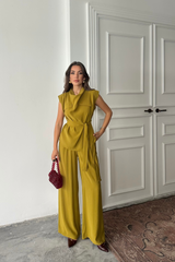 TENCEL MODAL KOLSUZ BLUZ KAPALI CEP DETAYLI DÖKÜMLÜ - PANTOLON TAKIM - Bej