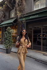 SATEN KRUVAZE BAĞLAMALI BLUZ- PANTOLON TAKIM - Mavi