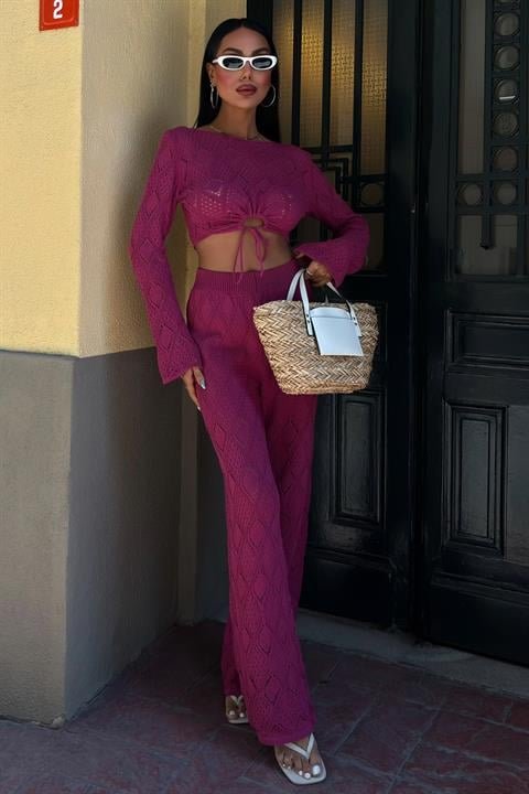 Göğüs Bağcık Detaylı Ajurlu Bluz Pantolon Takım 10098