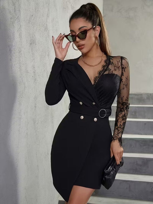 Kadın Uzun Kollu Kruvaze Yakalı önden Düğmeli Kısa Ithal Krep Elbise