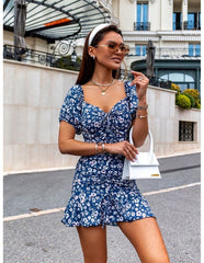 Kadın Kısa Kollu Kalp Yaka çiçek Desenli Krep Elbise