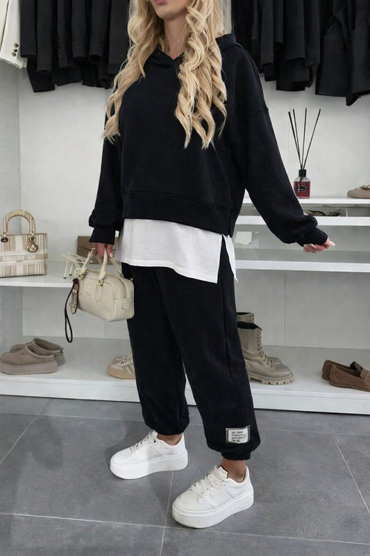 Kadın Uzun Kollu Kapşonlu Viskon Iki Iplik Bluz Ve Pantolon Ikili Takım