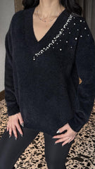 Kadın V Yaka Uzun Kollu Inci Detay Triko Bluz