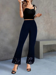 Kadın Yüksek Bel Paçaya Doğru Genişleyen Lazer çiçek Kesim Detaylı Ithal Krep Pantolon