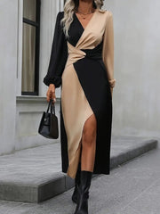 Kadın Uzun Kollu Kruvaze Yakalı Belden çapraz Detaylı çift Renkli Midi Ithal Krep Elbise