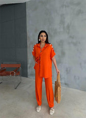 OMUZ MİDYE SIRALI BLUZ - PAÇA PENSLİ PANTOLON TAKIM - Orange